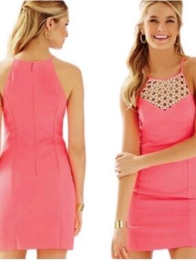 Lilly Pulitzer Larina Coral Pink Sun Ray Gold Sheath Dress Size 6